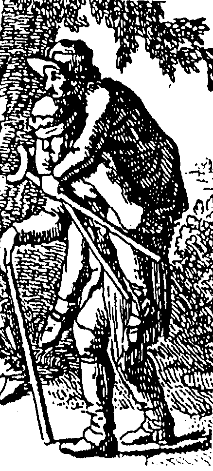 Zeichnung der Blinde und der Lahme: Blinder mit Stock trägt Lahmen mit seinen Krücken in der Hand