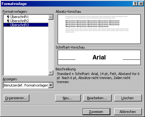 Screenshot: Dialogbox zum Erstellen der Formatvorlagen unter Winword